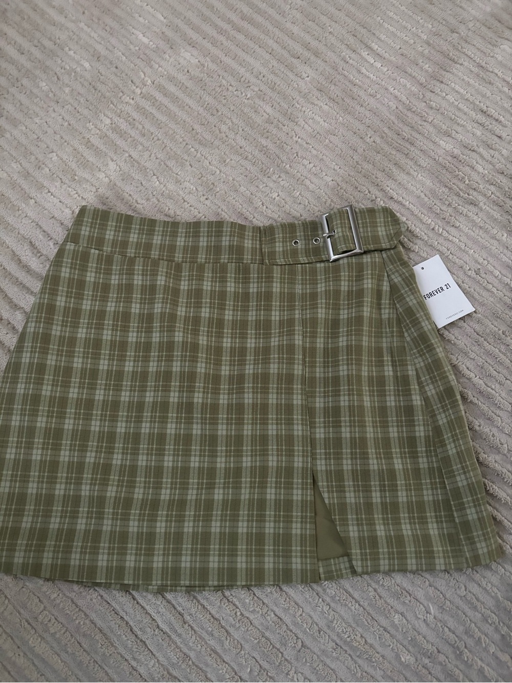 Forever 21 Olive Plaid Belted Mini Skirt with Subtle Front Slit - NWT - Size M